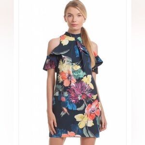 TRINA TURK Navy Floral Cold Shoulder Dress